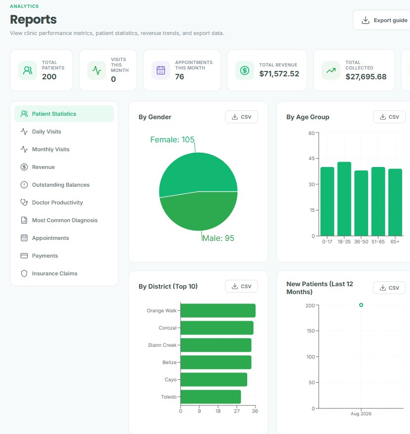 Reporting workspace showing patient demographics, age groups, districts and export controls